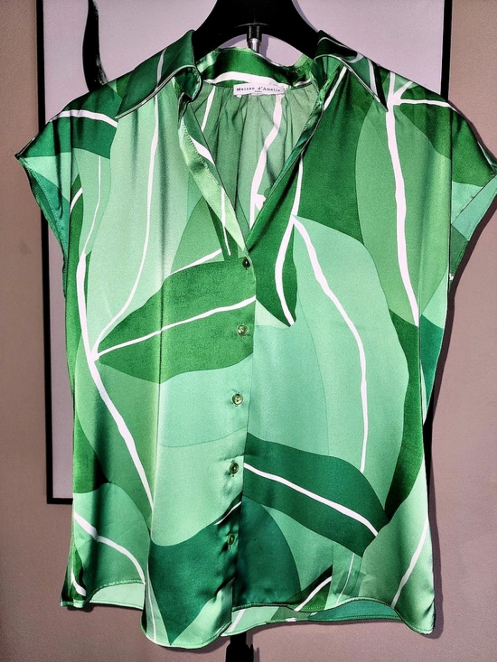 Maison d’Amélie Abstract Leaf Print Green & White Button Front Top Size M